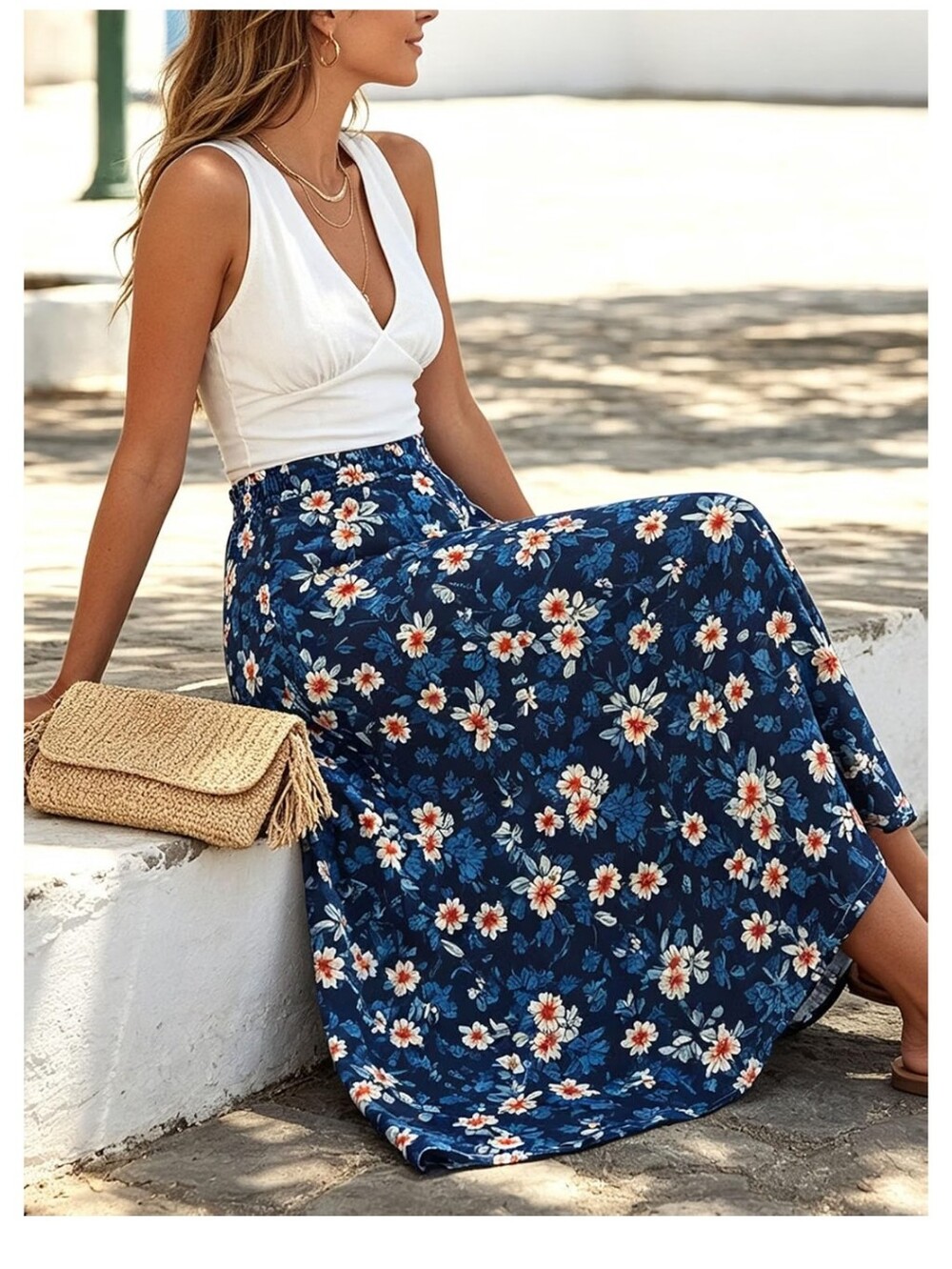 Navy Floral Midi Skirt - Lightweight Summer Skirt Size Small NIP - Picture 2 of 10